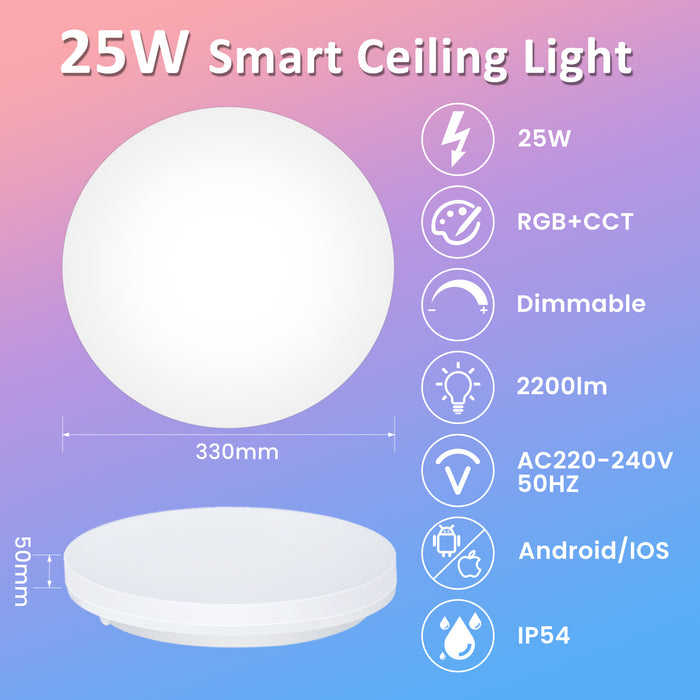 25W WIFI Smart RGBW LED Ceiling Light, IP54, 330mm*50mm, 1PACK