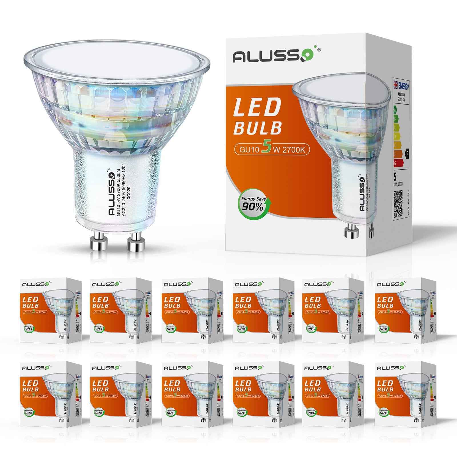5W GU10 LED Glass Bulbs 36°/120° Beam Angle 2700K Warm White Pack of 12 - ALUSSO LIGHTING