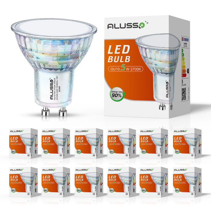 5W GU10 LED Glass Bulbs 36°/120° Beam Angle 2700K Warm White Pack of 12