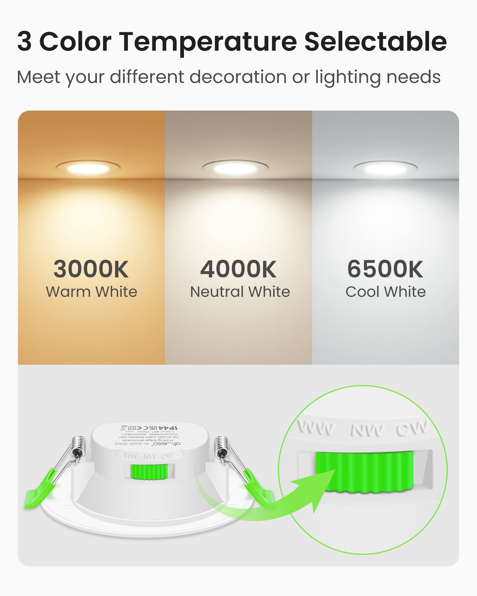7W Standard Selection LED Recessed Downlight 67-75mm Cutout 3CCT Dimmable IP44/IP65, Night Light Version, 4/6/8W Wattage Turnable Version, White/Black/Nickel Frame, 6/10 Pack