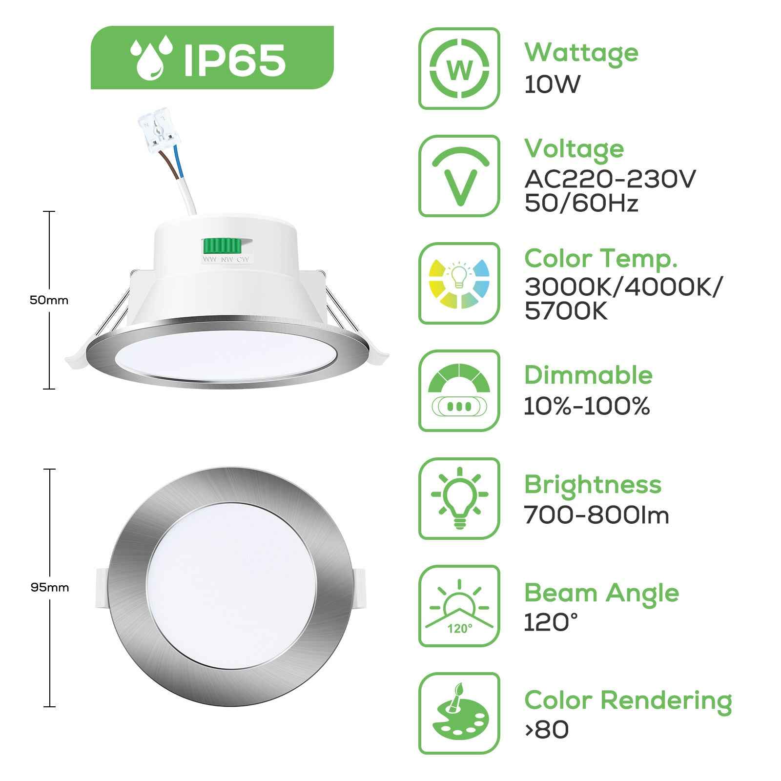 10W/12W/14W Led Downlight Dimmable Tri-coulor IP44/IP65 Recessed Ceiling Lights, 70/90/120mm Cutout, 6 pack - ALUSSO LIGHTING