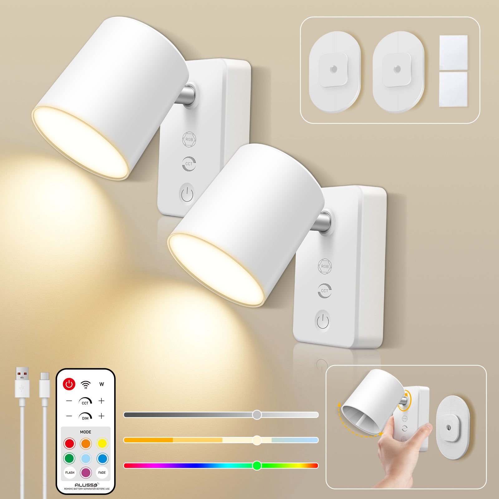 Dimmable LED wall lamp RGBCW wall light Touch reading lamp Night light USB rechargeable