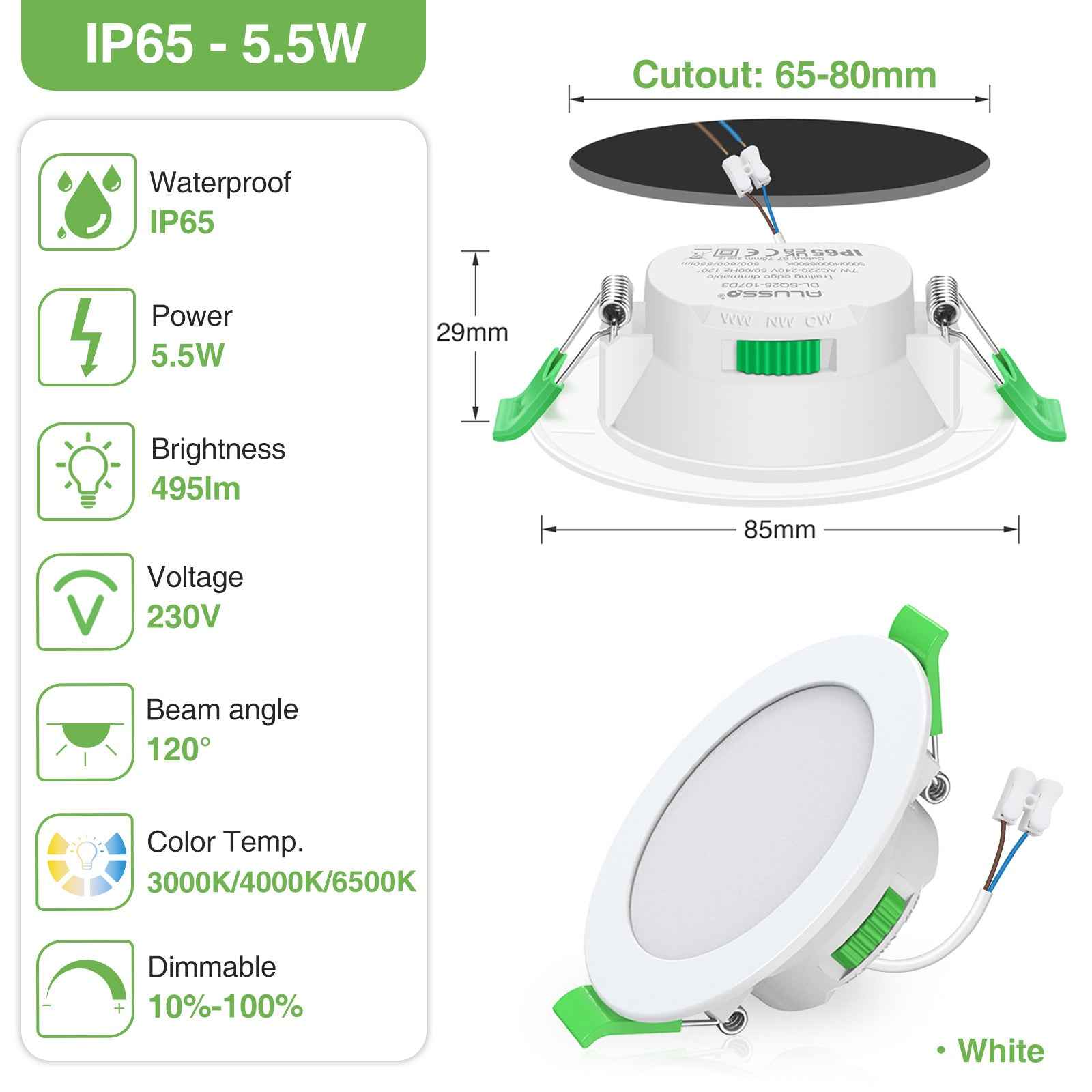 10pcs White Recessed LED Ceiling Lights 5.5W Dimmbale 67-75mm Cutout IP65 Waterproof - ALUSSO LIGHTING