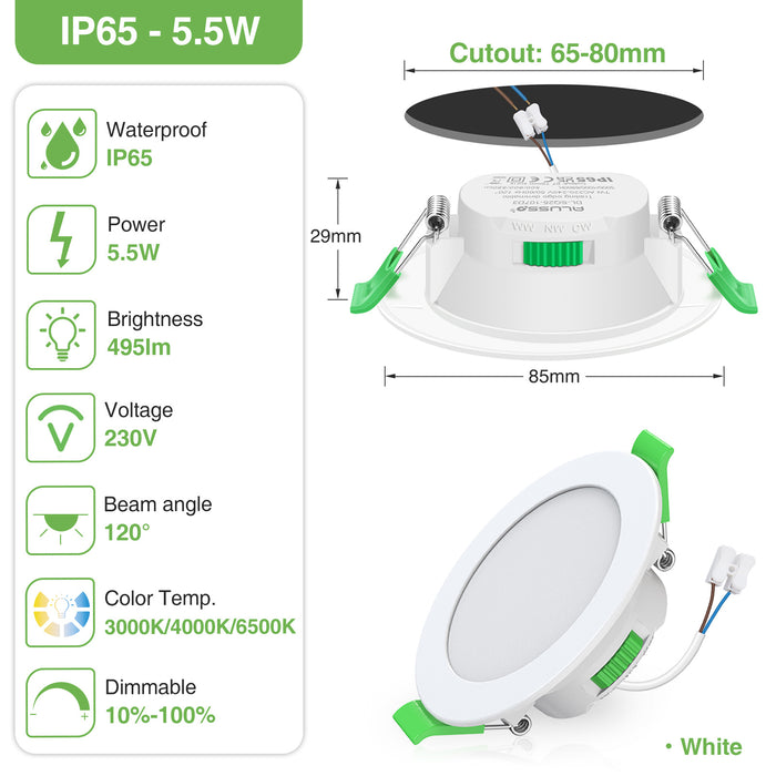 10pcs White Recessed LED Ceiling Lights 5.5W Dimmbale 67-75mm Cutout IP65 Waterproof