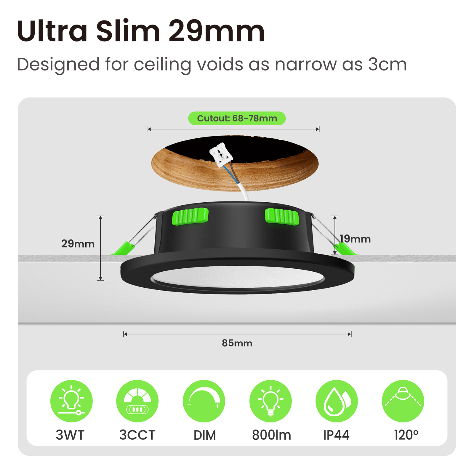 7W Standard Selection LED Recessed Downlight 67-75mm Cutout 3CCT Dimmable IP44/IP65, Night Light Version, 4/6/8W Wattage Turnable Version, White/Black/Nickel Frame, 6/10 Pack