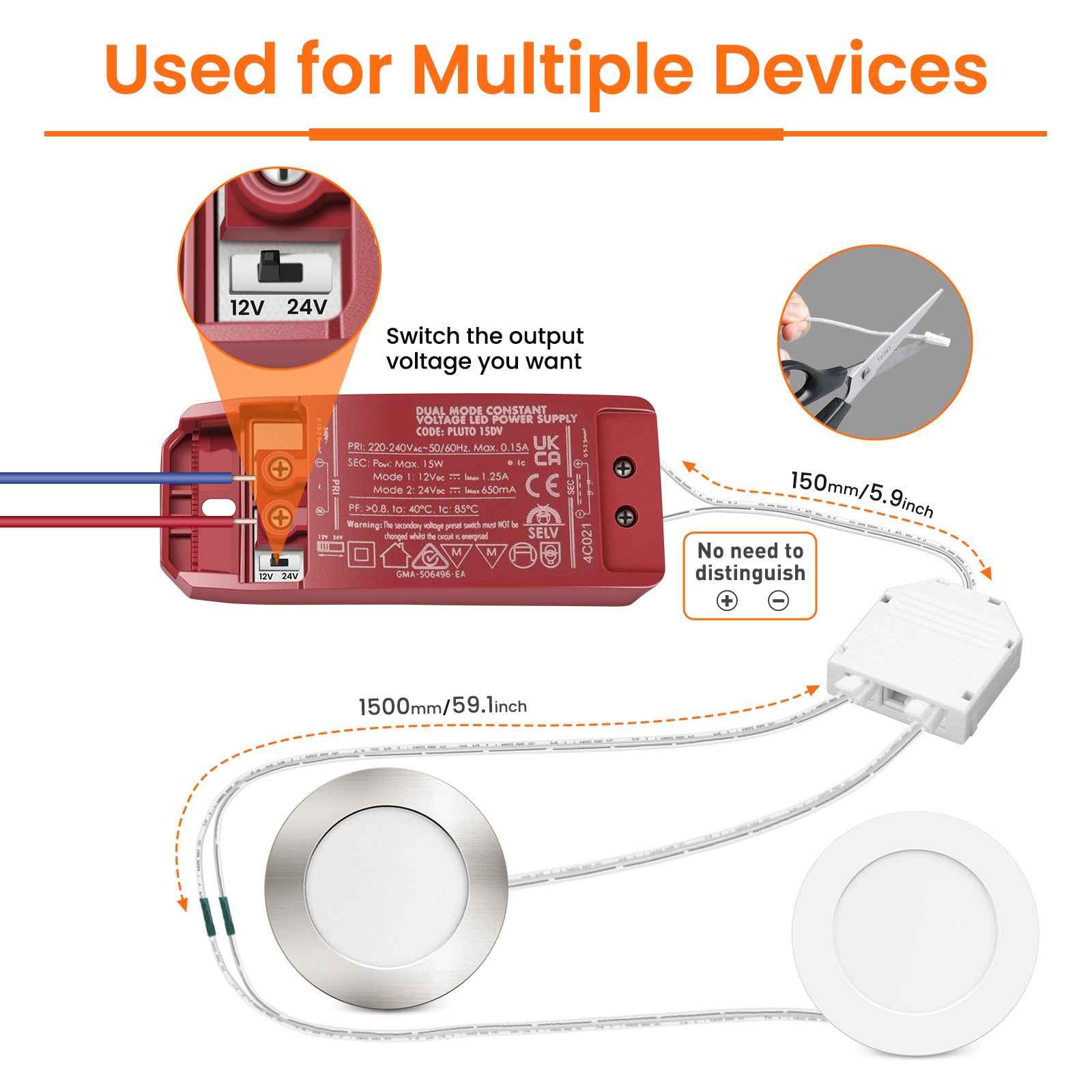 DC 12V/24V LED Driver Power Supply Transformer+extension cable+Junction box 15W - ALUSSO LIGHTING