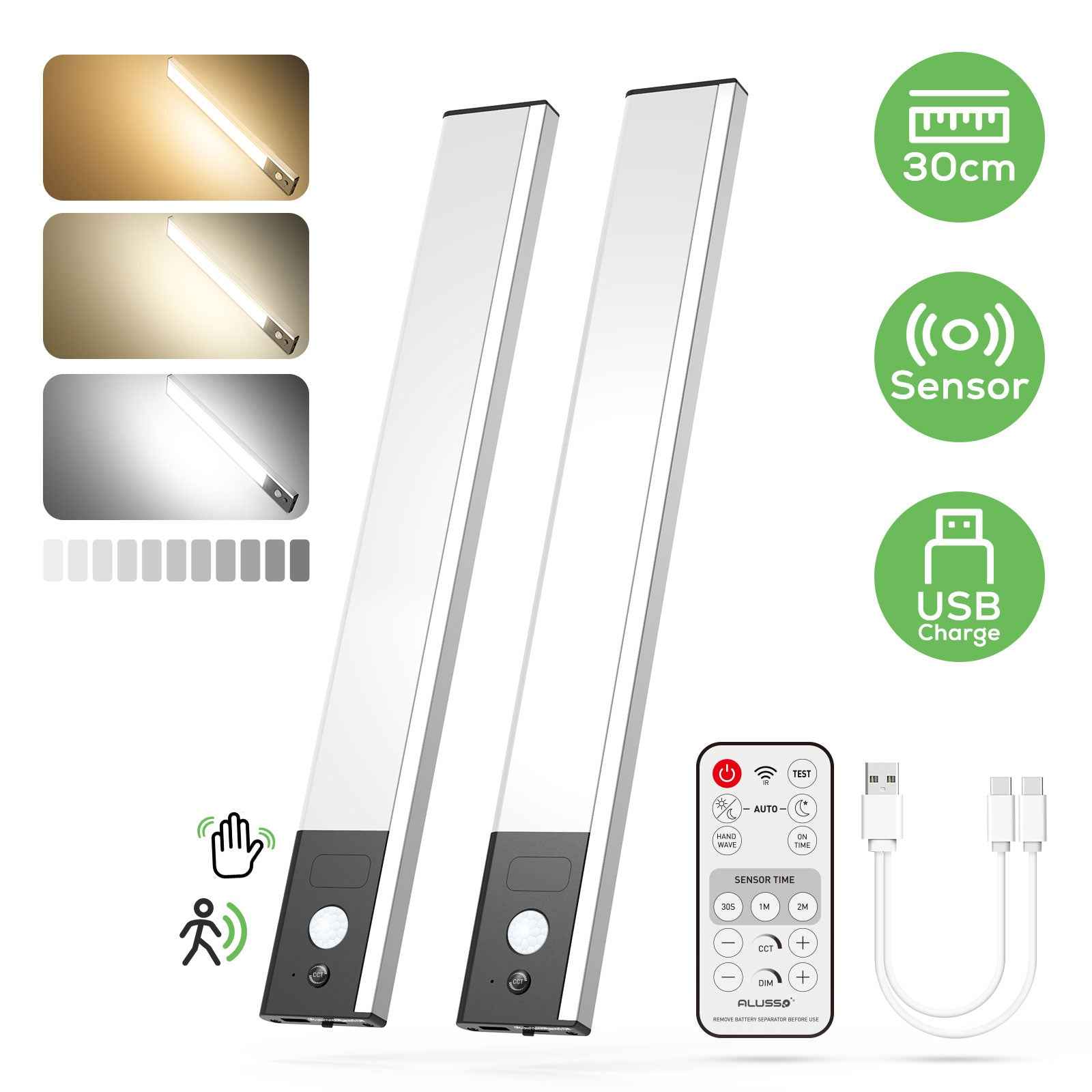 Wireless LED PIR Motion Sensor Cabinet Light, USB Rechargeable, 3 Modes, Dimmable, 3000K-4000K-6500K - ALUSSO LIGHTING