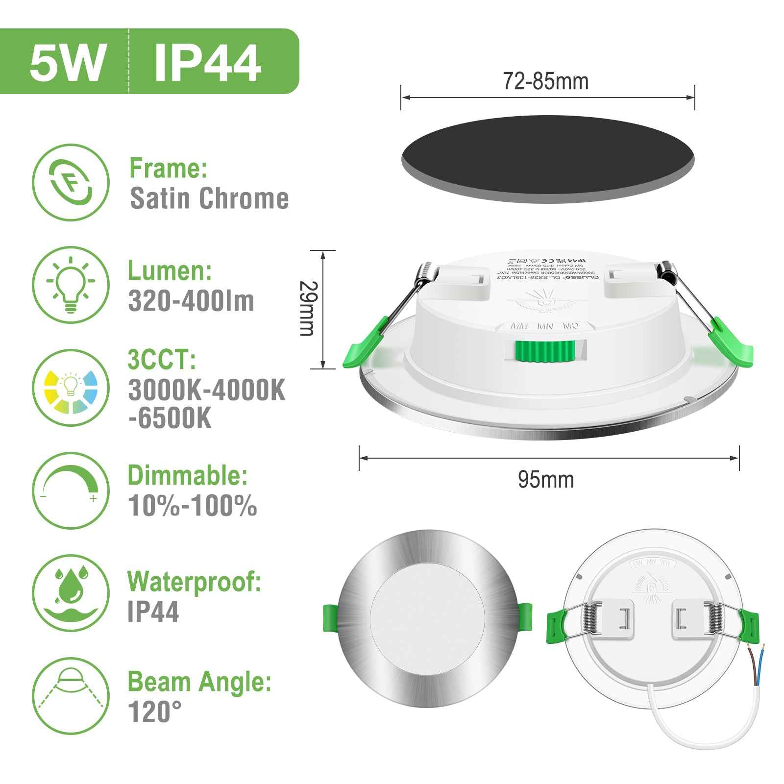 4W 5W 7W 10W 15W 22W Ultra Slim LED Downlight 55-205mm Cutout 3CCT 3000K 4000K 6500K Dimmable IP44 White/Nickel/Black Frame, 6 Pack - ALUSSO LIGHTING