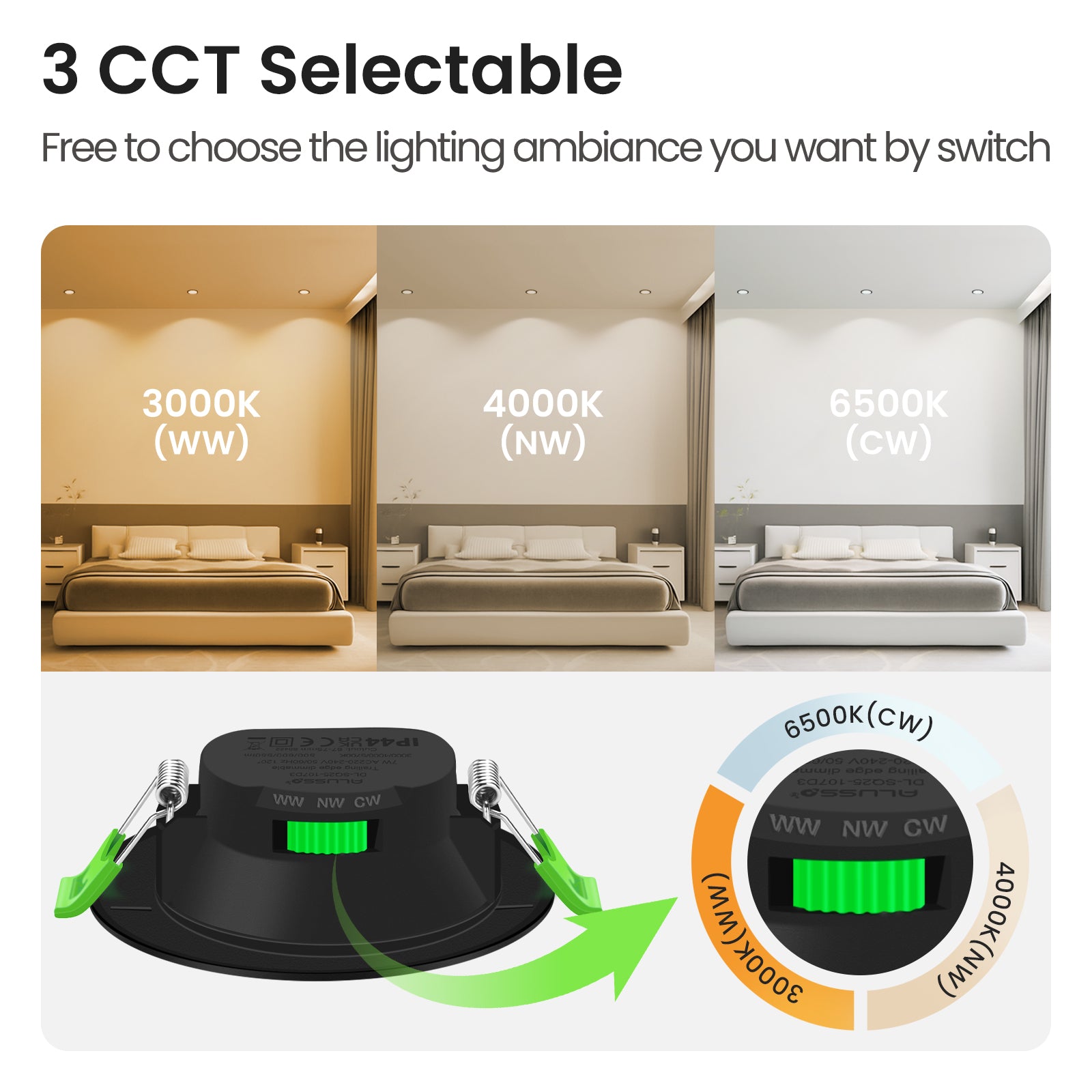 7W Black IP44 LED Downlight Cutout 67-75mm Dimmable CCT Ultra Slim, 6 Pack