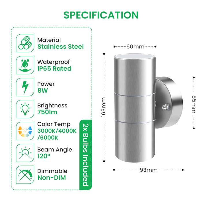 8W 750LM Outdoor Stainless Steel Up Down Wall Light IP65, 3000K/4000K/6000K, Silver