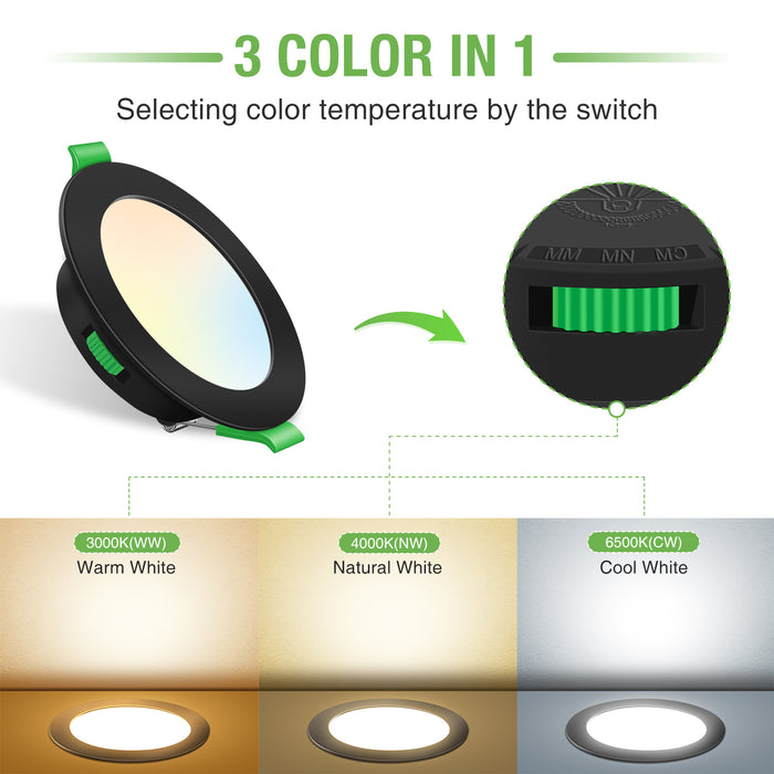 10W Black Recessed Spot Light Tri Color Dimmable IP44 Black,Cutout 120-135mm 6 Pack