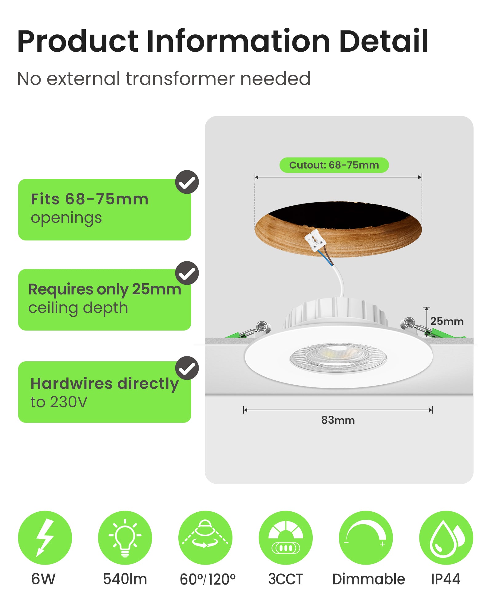 6W ∅68-75mm White Recessed Led Ceiling Lights Flach 60°/120° Variable Beam Angle, Tri-Color, Dimmable, IP44, 6 PACK