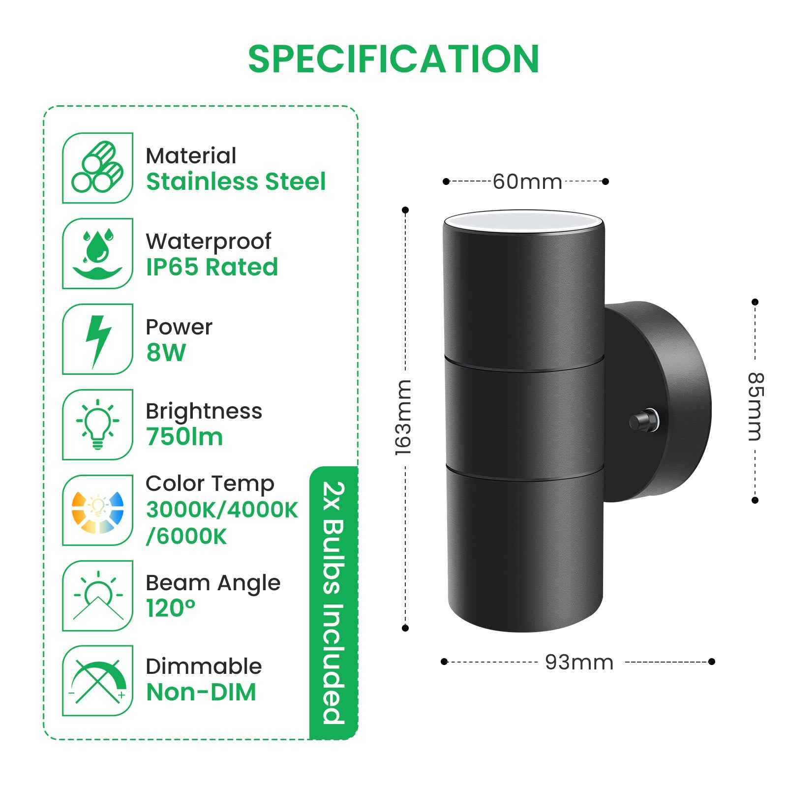 8W 750LM Outdoor Stainless Steel Up Down Wall Light IP65, 3000K/4000K/6000K, Black - ALUSSO LIGHTING