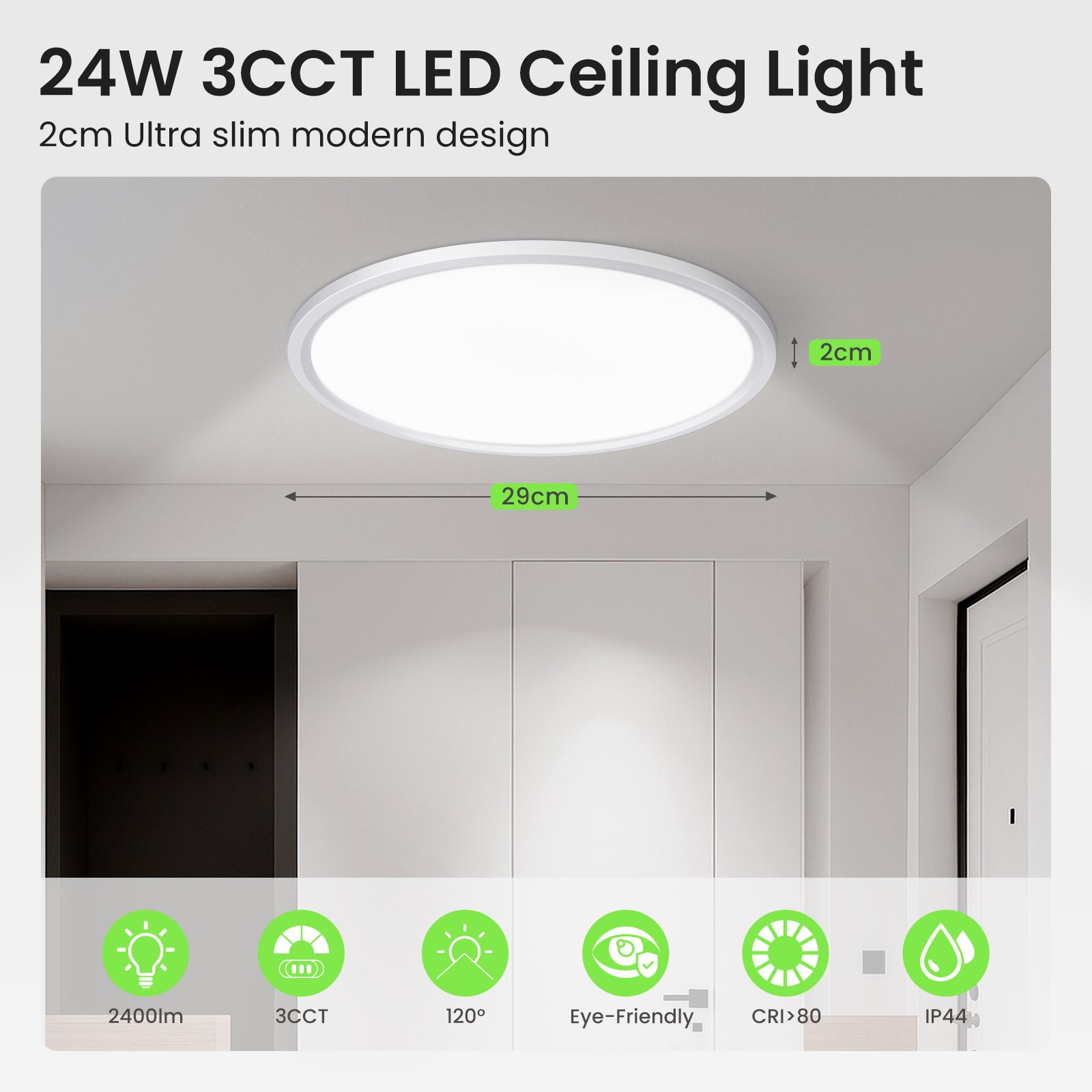 LED Ceiling Lamp 3CCT Panel Ceiling Light Bedroom Living Room Hallway Lamp IP44, 1 pack
