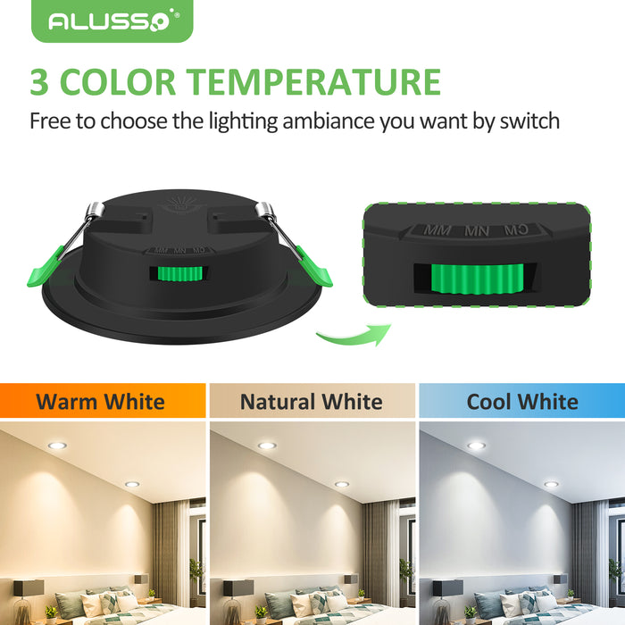 4W Black Recessed Spot Light Tri Color Dimmable IP44 Black,Cutout 55-68mm 6 Pack