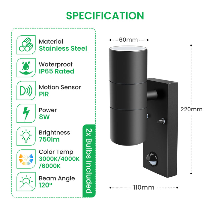 Up Down Wall Light with PIR Motion Sensor Stainless Steel IP65, 3000K/4000K/6000K, Black