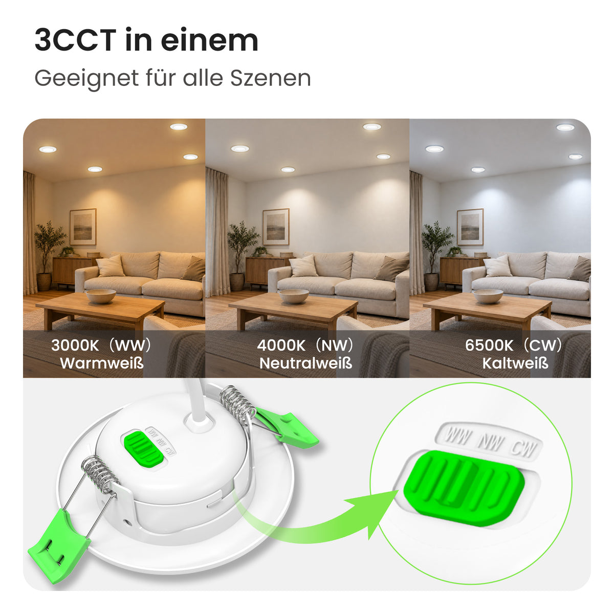 ALUSSO 3CCT LED Einbaustrahler 230V Dimmbar 4W/6W/8W IP44, Loch 68-75MM, 6er Set