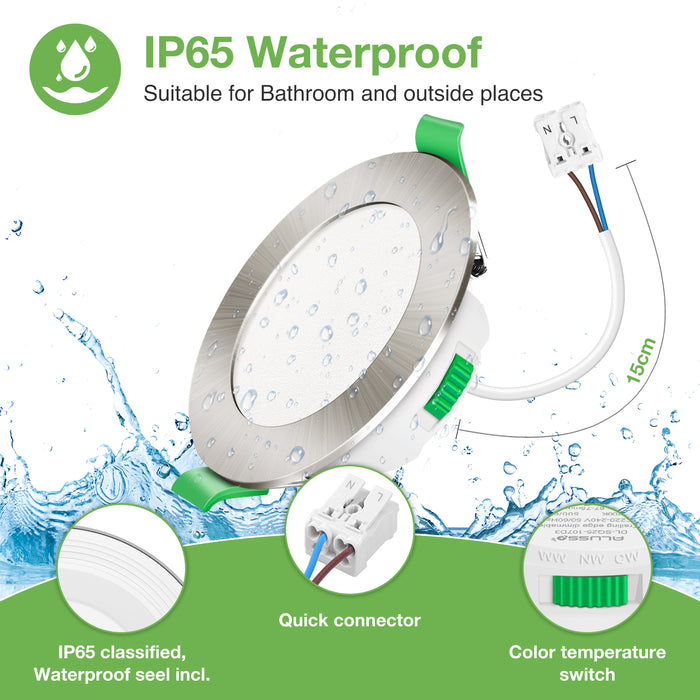 10pcs Nickel Recessed LED Ceiling Lights 5.5W Dimmbale 67-75mm Cutout IP65 Waterproof