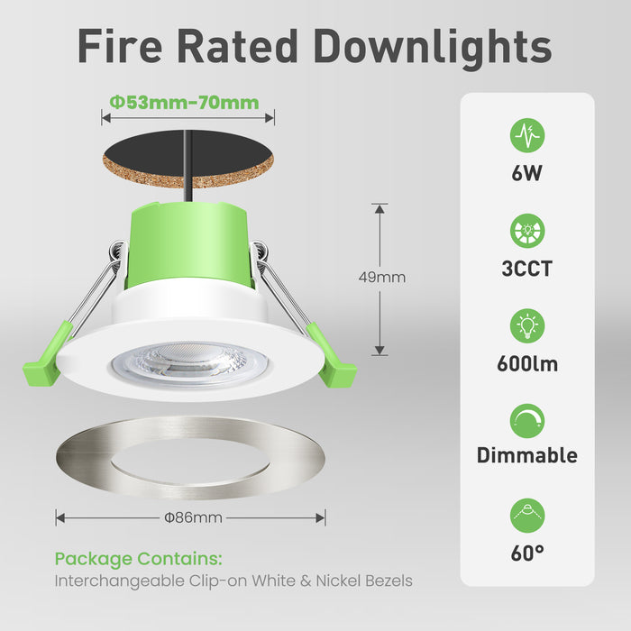 Recessed LED Ceiling Light Fire Rated Spotlight IP65 Dimmable Downlights 6W