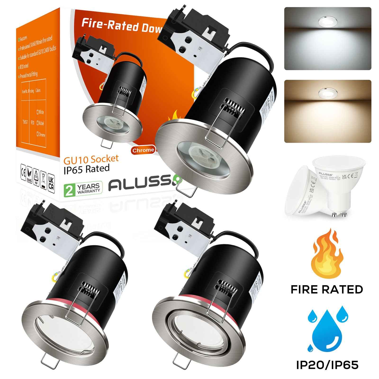 Fire Rated LED Downlight IP20/IP65 Fixed/Tilt Lamp Housing, With/Withgout GU10 Bulbs, Pack of 6 - ALUSSO LIGHTING