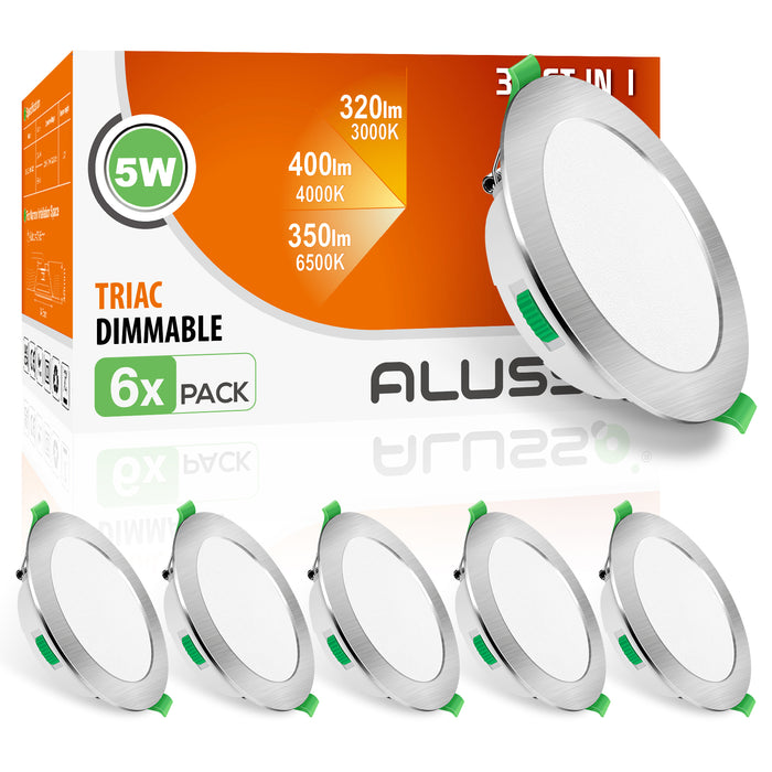 5W Nickel Ultra Slim LED Downlight 3CCT Dimmable IP44,Cutout 72-85mm 6 Pack