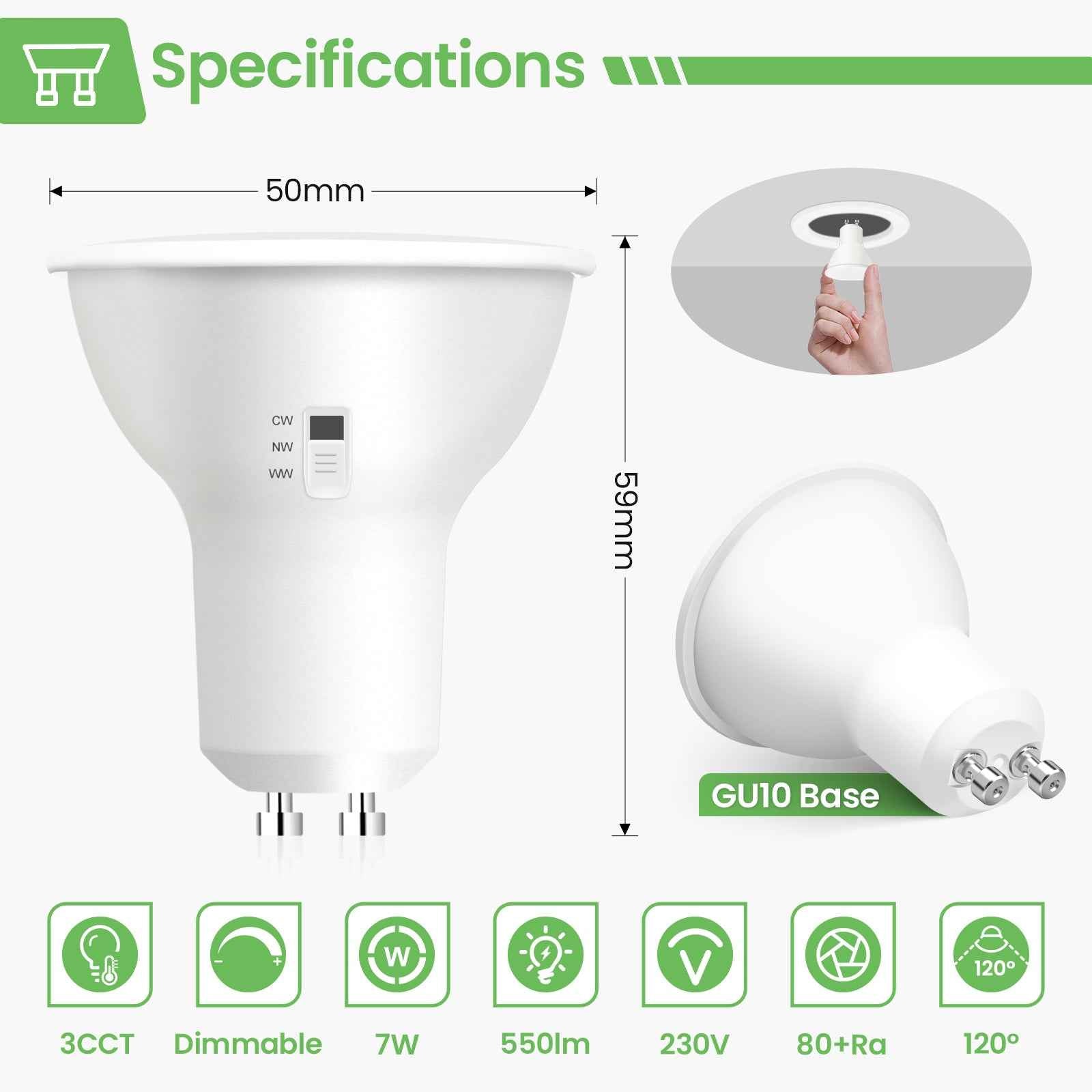 10X LED GU10 Light Bulbs 7W Warm/Natural/Cool White Dimmable Spotlight 230V 120° - ALUSSO LIGHTING