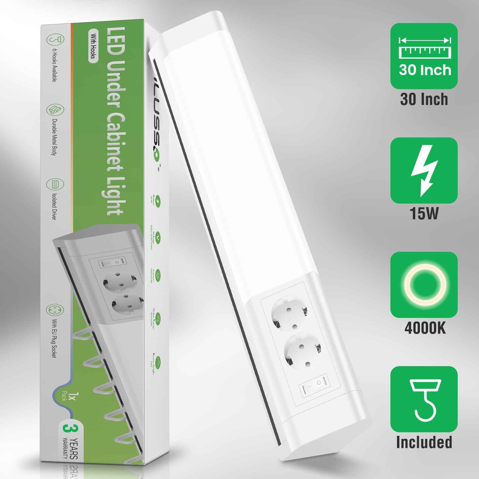 30'' LED Under-Cabinet Light EU Sockets 15W 4000K Ceiling Lamp With 6 Hooks Under Cabinet