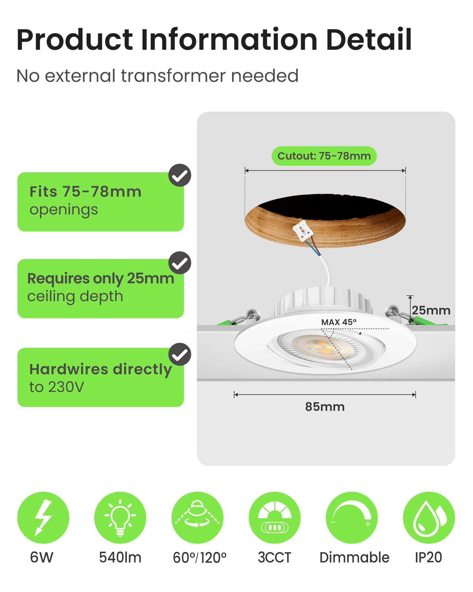 6W ∅75-78mm Swiveling White Recessed Led Ceiling Lights Tilt Angle, Tri-Color, Dimmable, 60°/120° Variable Beam Angle, IP20, 6 PACK