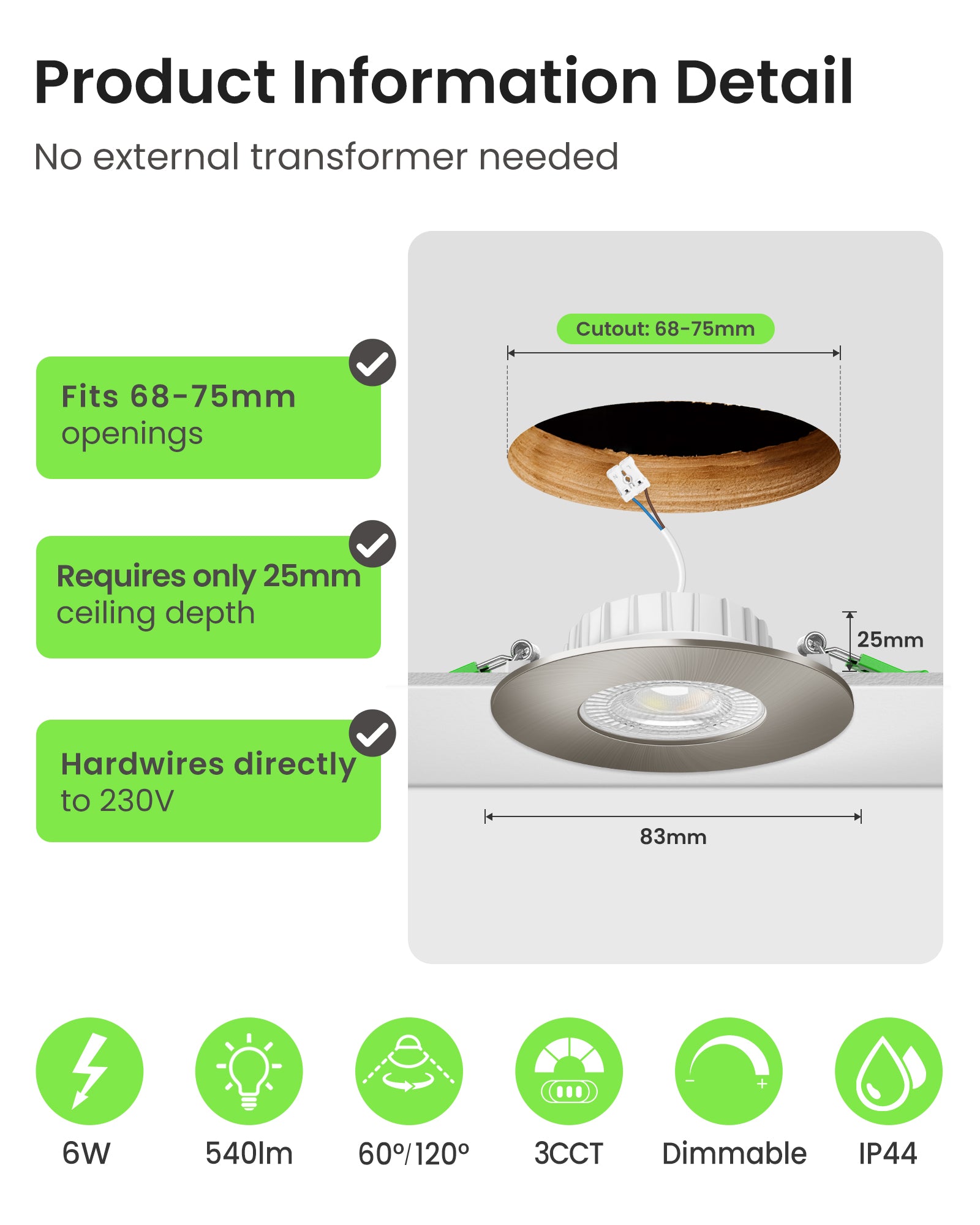 6W ∅68-75mm Nickel Recessed Led Ceiling Lights Flach 60°/120° Variable Beam Angle, Tri-Color, Dimmable, IP44, 6 PACK