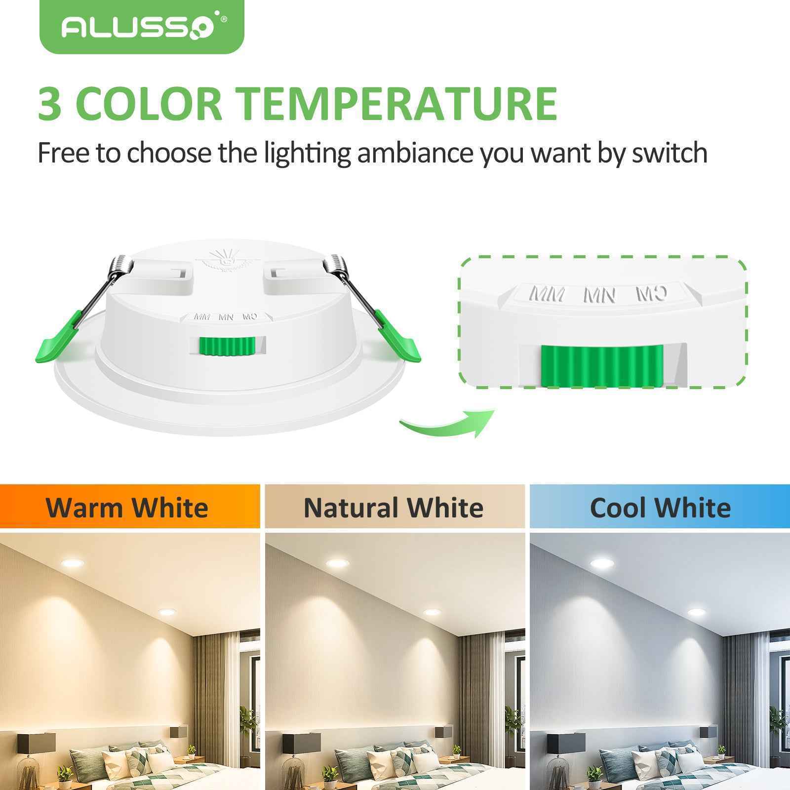 4W 5W 7W 10W 15W 22W Ultra Slim LED Downlight 55-205mm Cutout 3CCT 3000K 4000K 6500K Dimmable IP44 White/Nickel/Black Frame, 6 Pack - ALUSSO LIGHTING