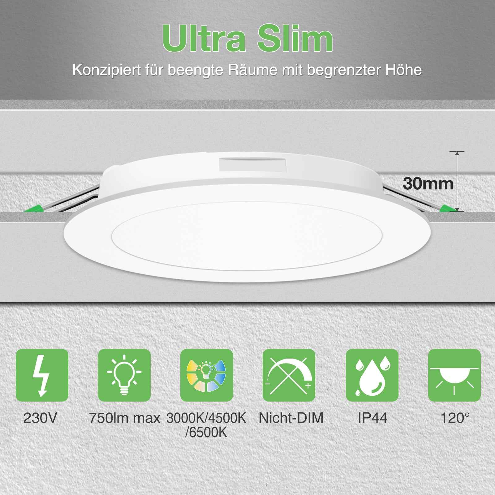 5W/7W/10W Ultra Slim LED Downlight 3000K / 4500K / 6500K IP44,Cutout 75-135mm 6 Pack - ALUSSO LIGHTING