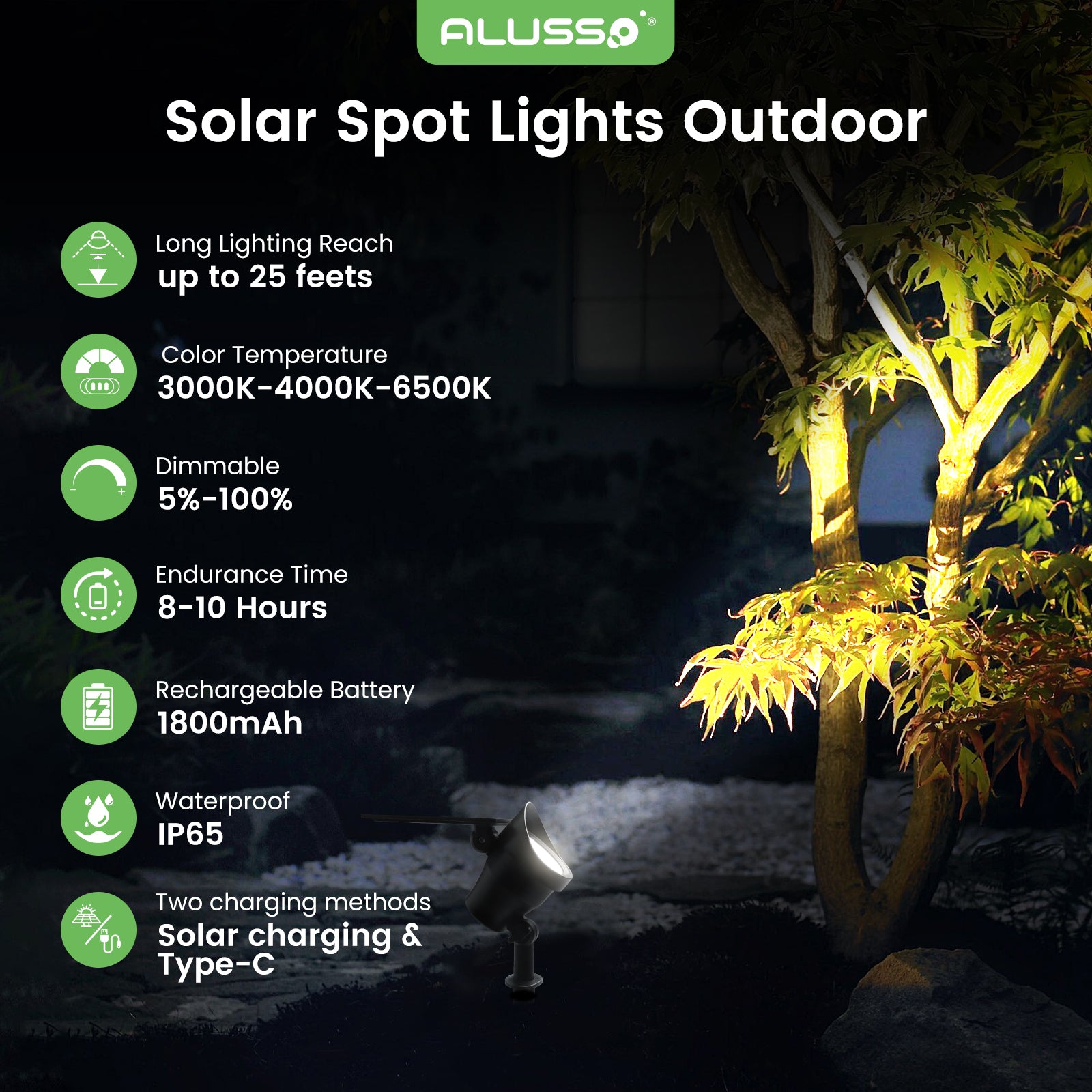 ALUSSO RGB Solar Spotlights Outdoor Motion Sensor, 3CCT Dimmable, IP65 Waterproof Landscape Lighting for Outside Yard Pathway Garden, 4 Pack