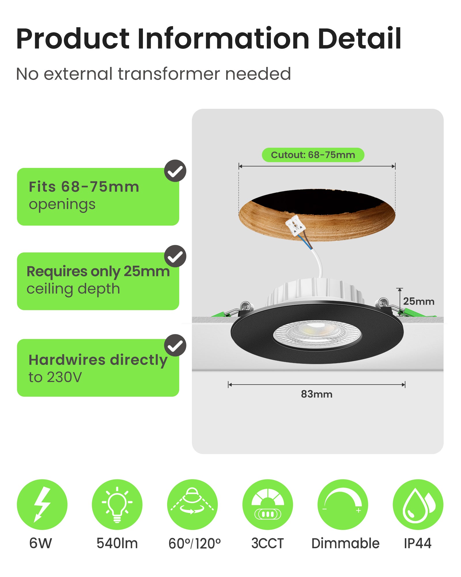6W ∅68-75mm Black Recessed Led Ceiling Lights Flach 60°/120° Variable Beam Angle, Tri-Color, Dimmable, IP44, 6 PACK