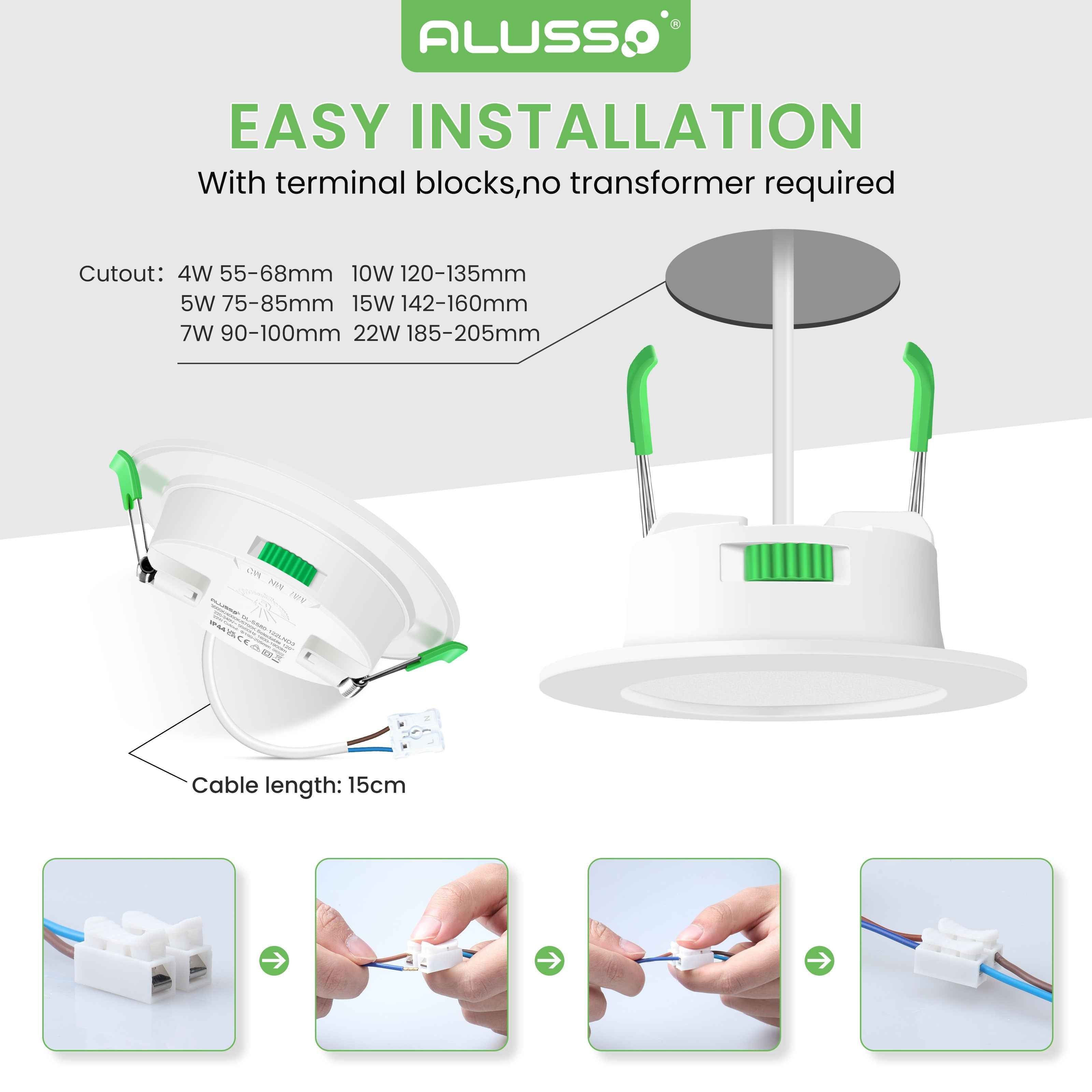 4W 5W 7W 10W 15W 22W Ultra Slim LED Downlight 55-205mm Cutout 3CCT 3000K 4000K 6500K Dimmable IP44 White/Nickel/Black Frame, 6 Pack - ALUSSO LIGHTING