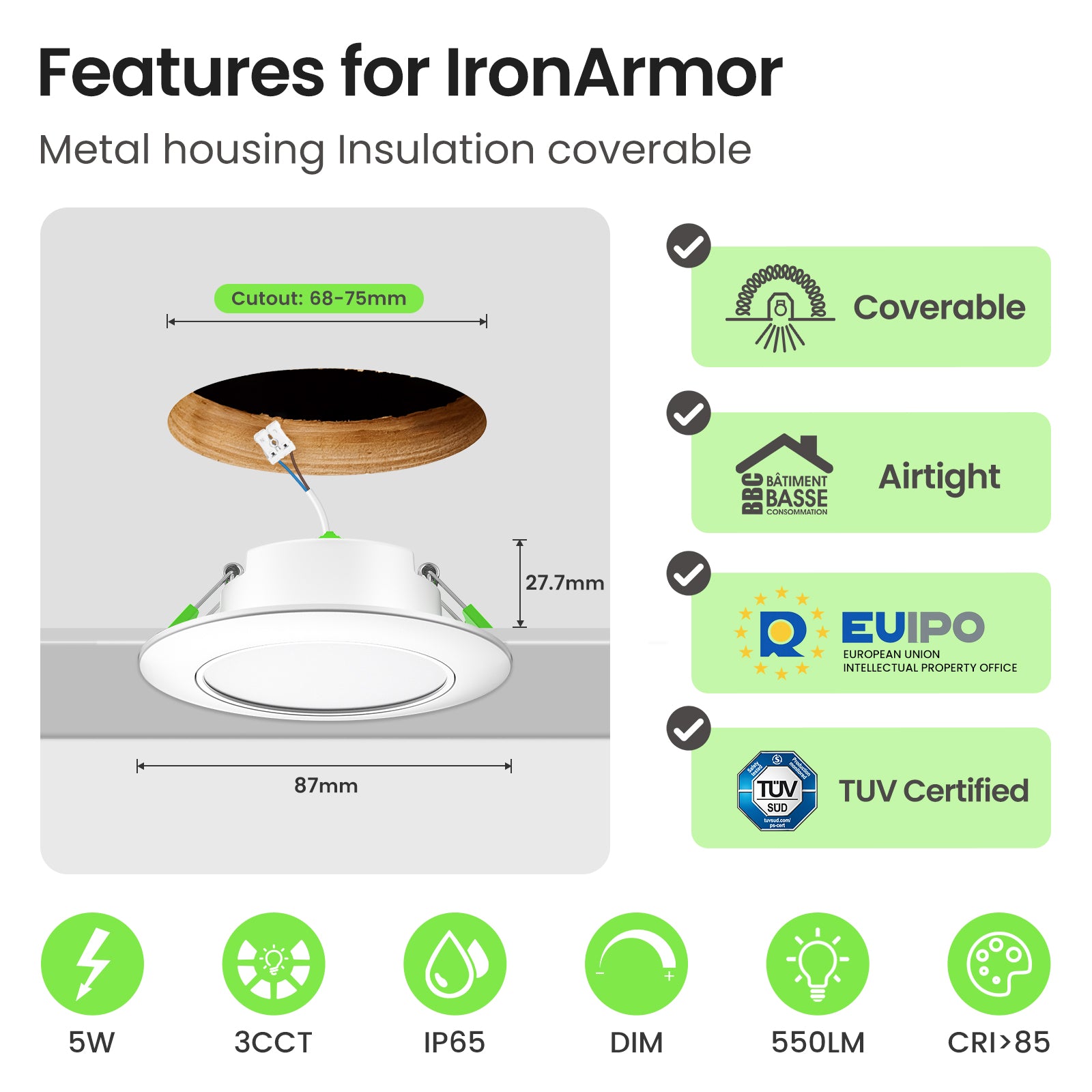 5W Iron LED Recessed Downlight 67-75mm Cutout 3CCT Dimmable IP65, Airtight Insulation Coverable, IC-Rated White Fame, 6 Pack