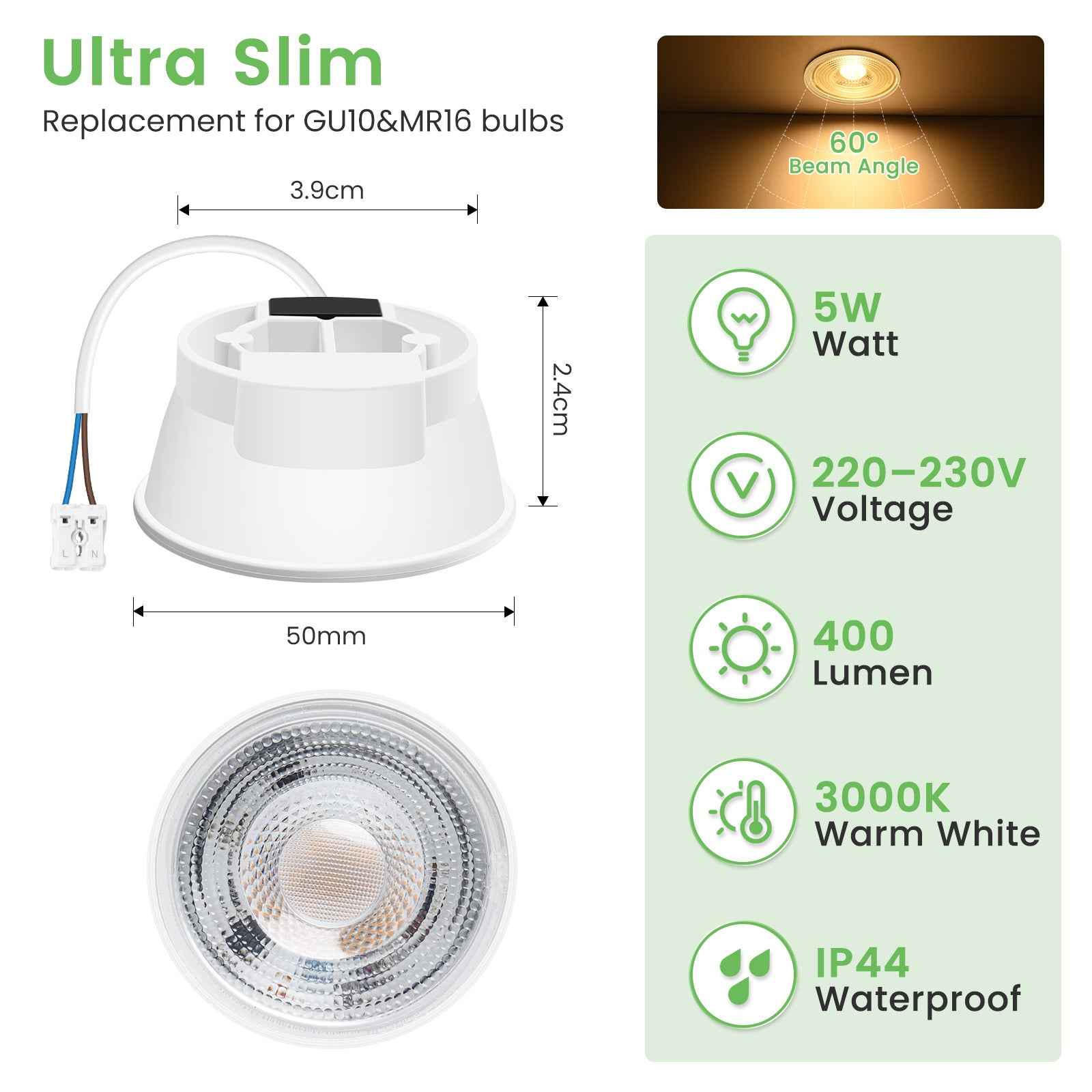LED Module Flat Bulb GU10 230V MR16  3000K for Recessed Spotlight Lamp Set 6PACK - ALUSSO LIGHTING