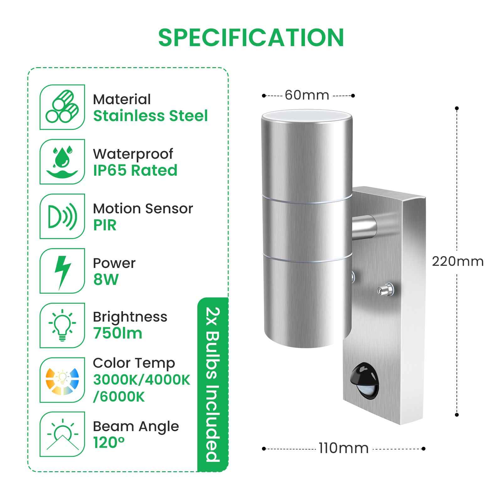 Up Down Wall Light with PIR Motion Sensor Stainless Steel IP65, 3000K/4000K/6000K, Silver - ALUSSO LIGHTING