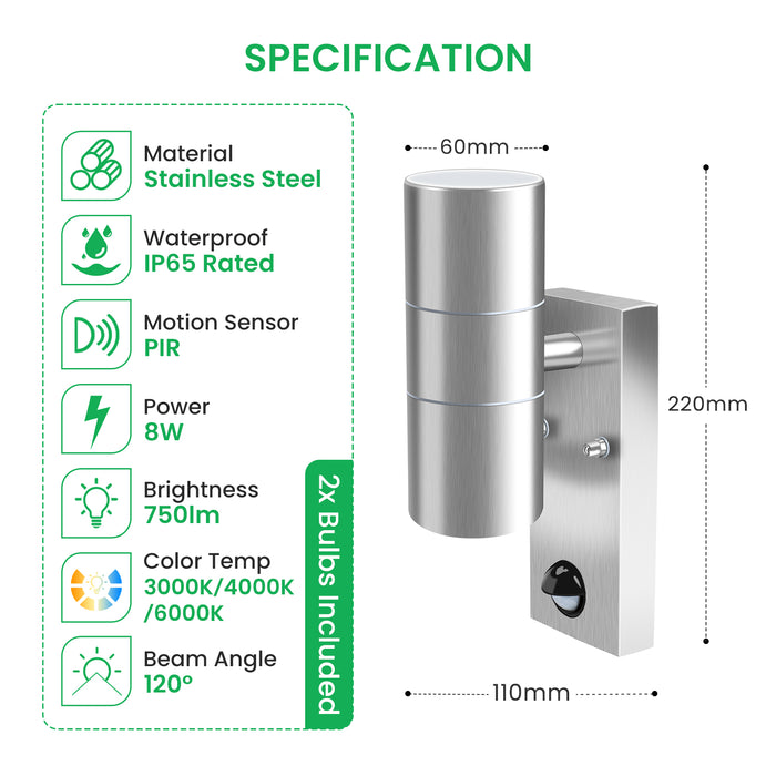 Up Down Wall Light with PIR Motion Sensor Stainless Steel IP65, 3000K/4000K/6000K, Silver