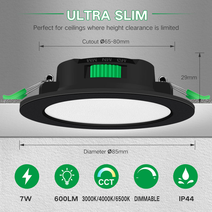 7W Black IP44 LED Downlight Cutout 67-75mm Dimmable CCT Ultra Slim, 6 Pack