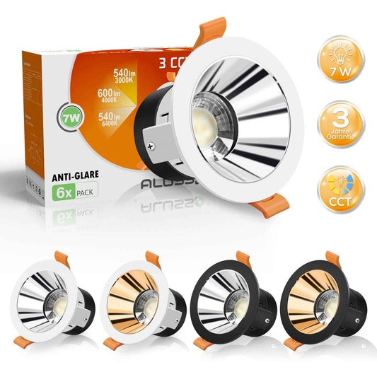 Anti-Glare LED Downlights 7W CCT Cutout 75-80mm, 6 Pack, Golden/Silver with White Frame - ALUSSO LIGHTING