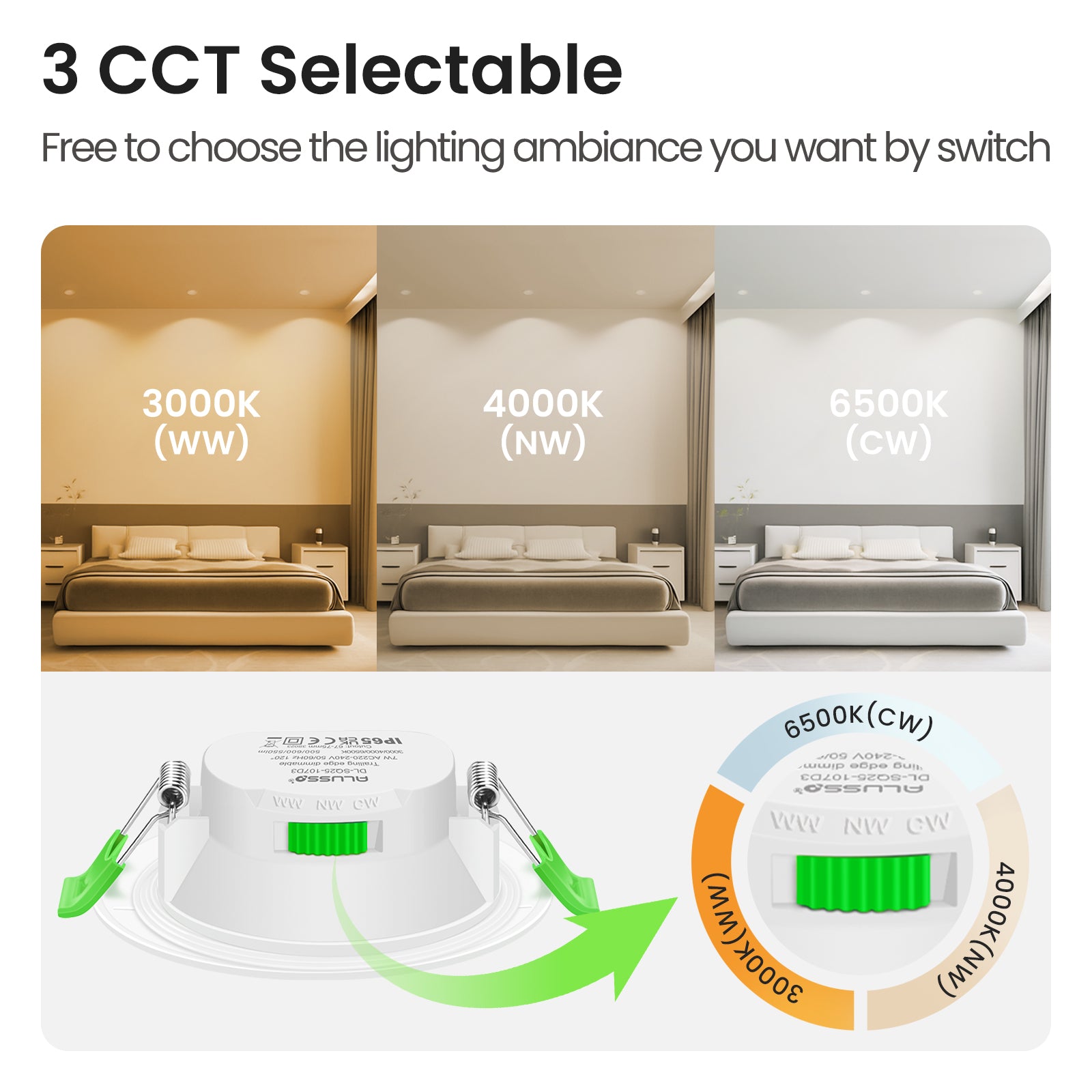 LED Recessed Ceiling Light 7W IP65 Tri-color Dimmable, 67-75mm Cutout Spotlights, 6 Pack