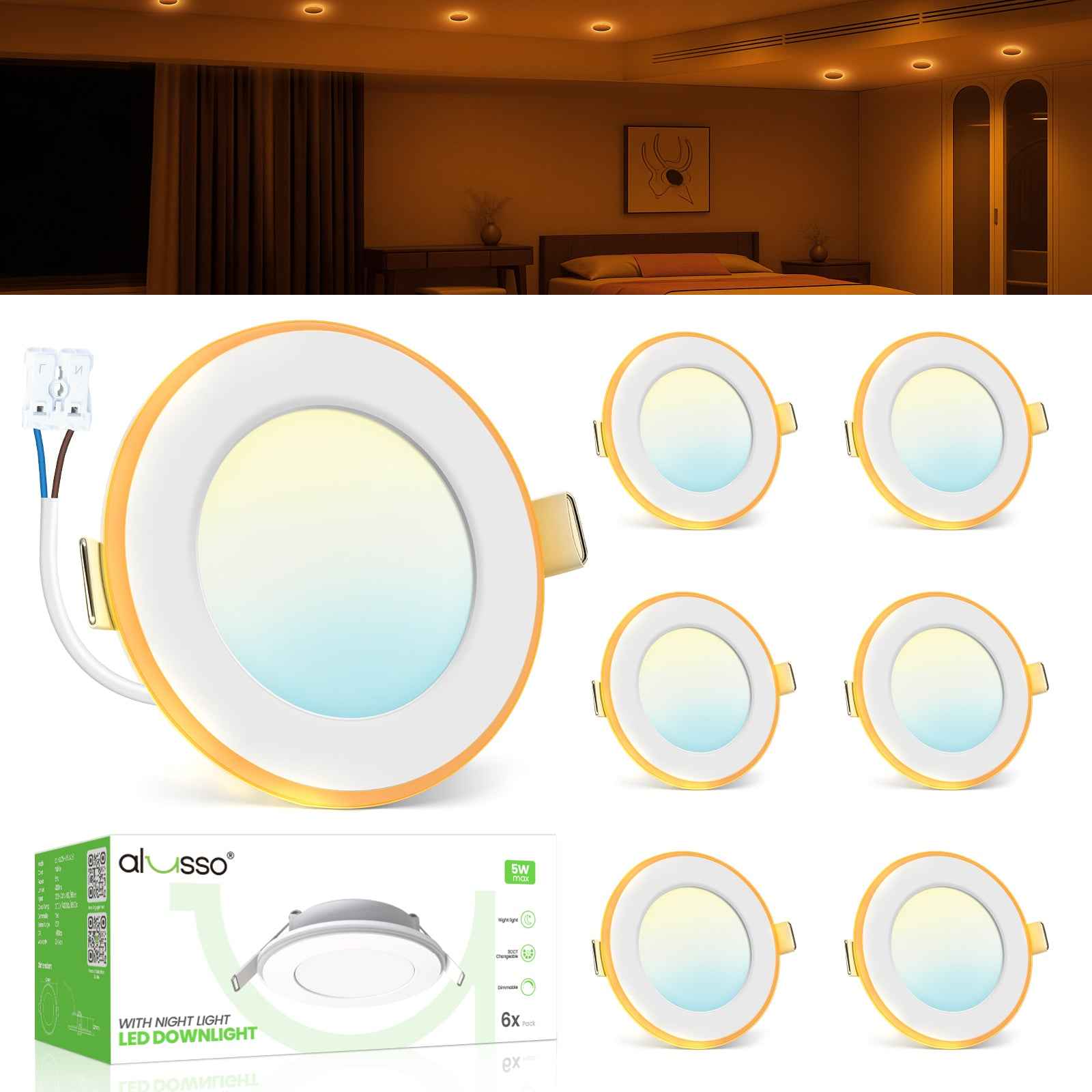 5W LED Recessed Spotlight 70-80mm Night Light 430lm Dimmable 3CCT White Indoor Lamp 6-Pack - ALUSSO LIGHTING