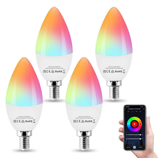WiFi 5.5W Smart C37 E14 LED Bulbs, 180° Beam Angle, RGB CCT Dimmable, 4 Pack, Alexa Google Home App Control - ALUSSO LIGHTING
