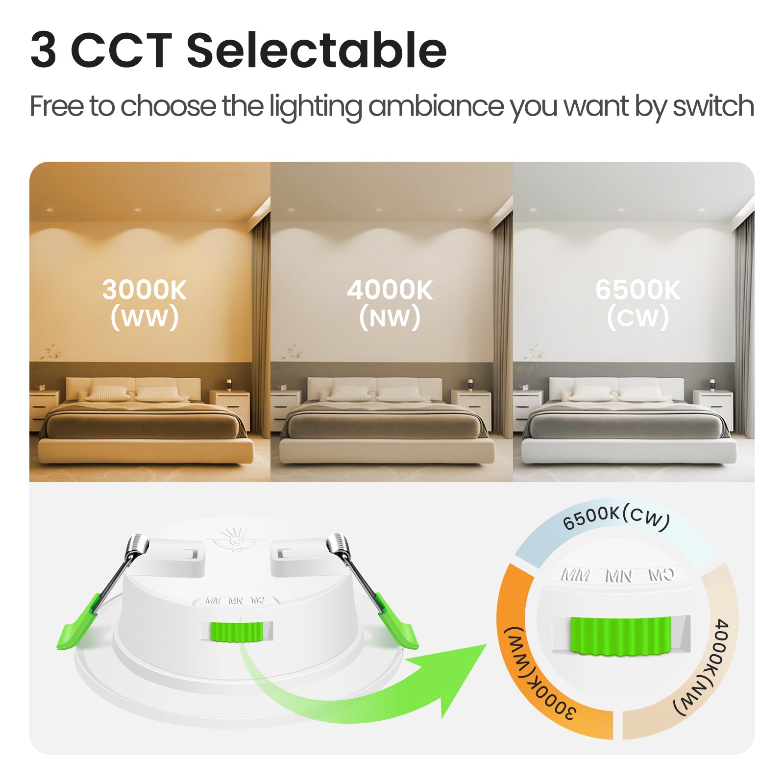 5W White Ultra Slim LED Downlight 3CCT Dimmable IP44,Cutout 72-85mm 6 Pack