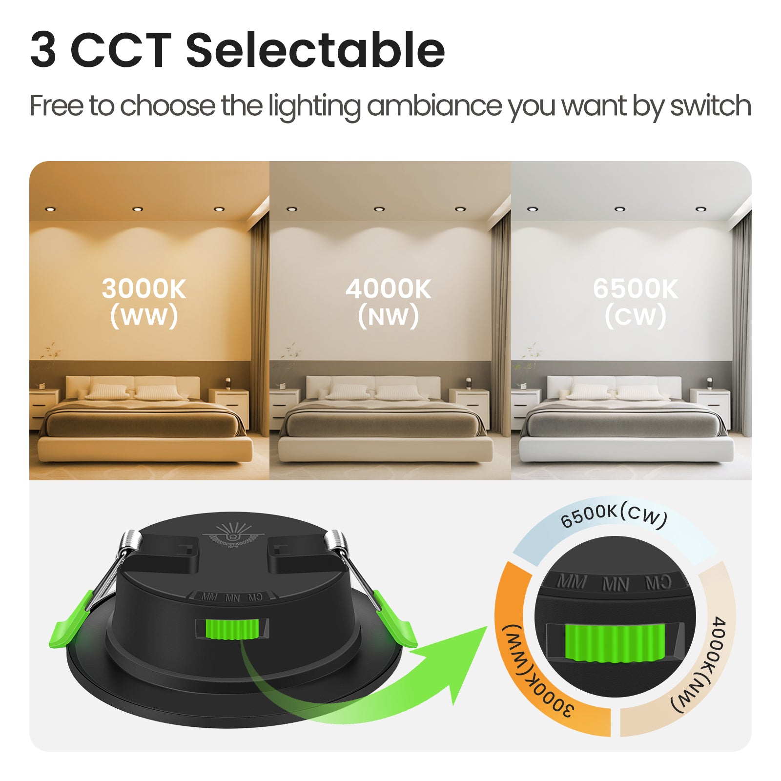 4W Black Recessed Spot Light Tri Color Dimmable IP44 Black,Cutout 55-68mm 6 Pack