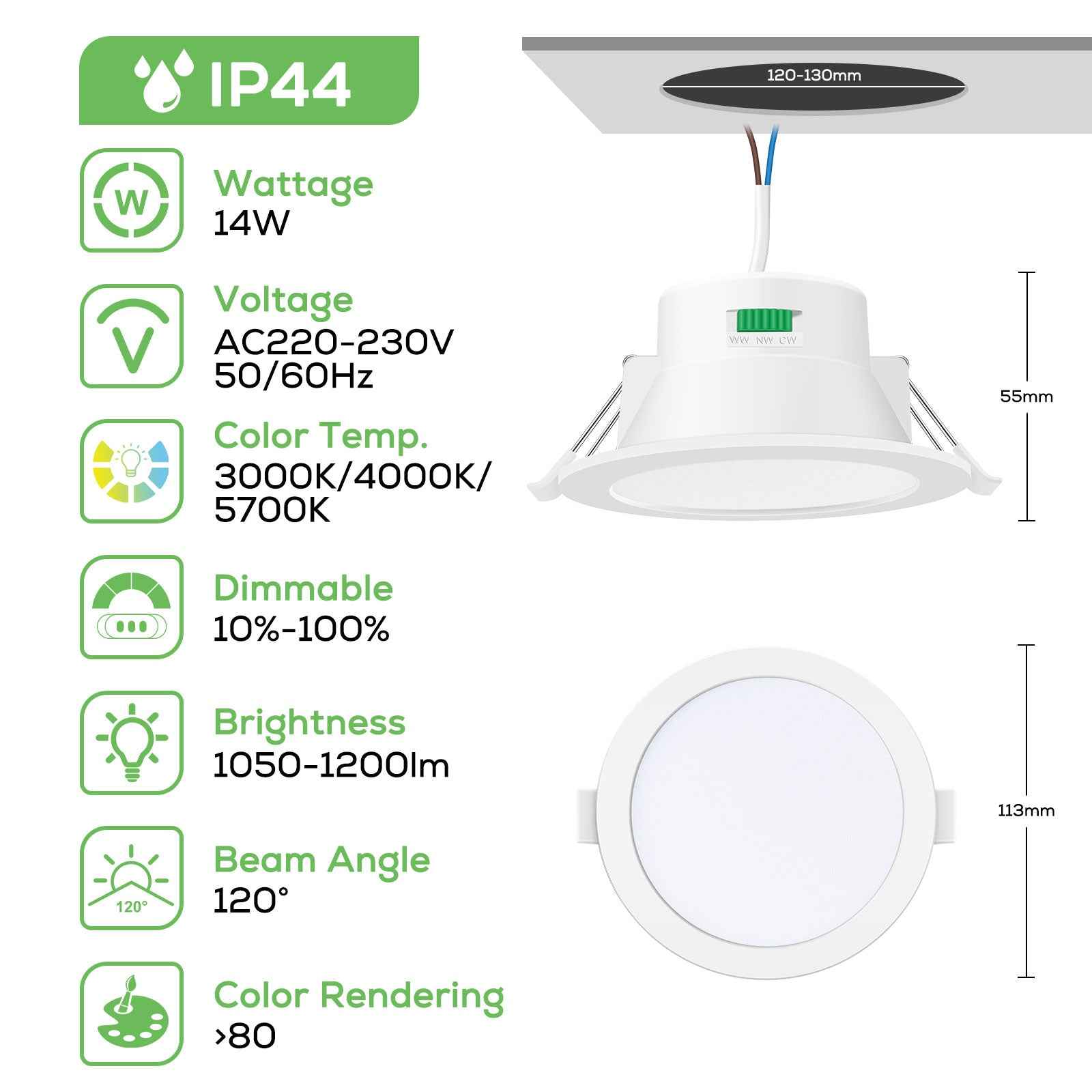 10W/12W/14W Led Downlight Dimmable Tri-coulor IP44/IP65 Recessed Ceiling Lights, 70/90/120mm Cutout, 6 pack - ALUSSO LIGHTING