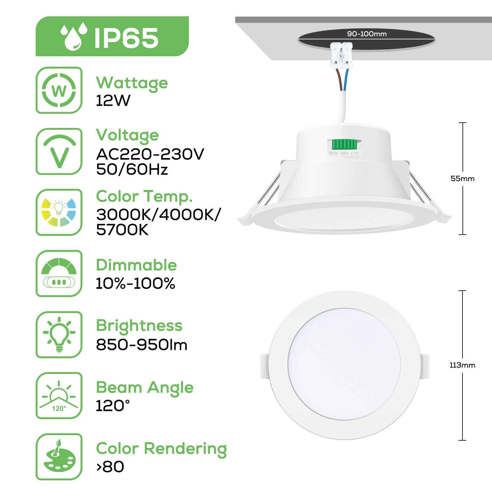 10W/12W/14W Led Downlight Dimmable Tri-coulor IP44/IP65 Recessed Ceiling Lights, 70/90/120mm Cutout, 6 pack - ALUSSO LIGHTING