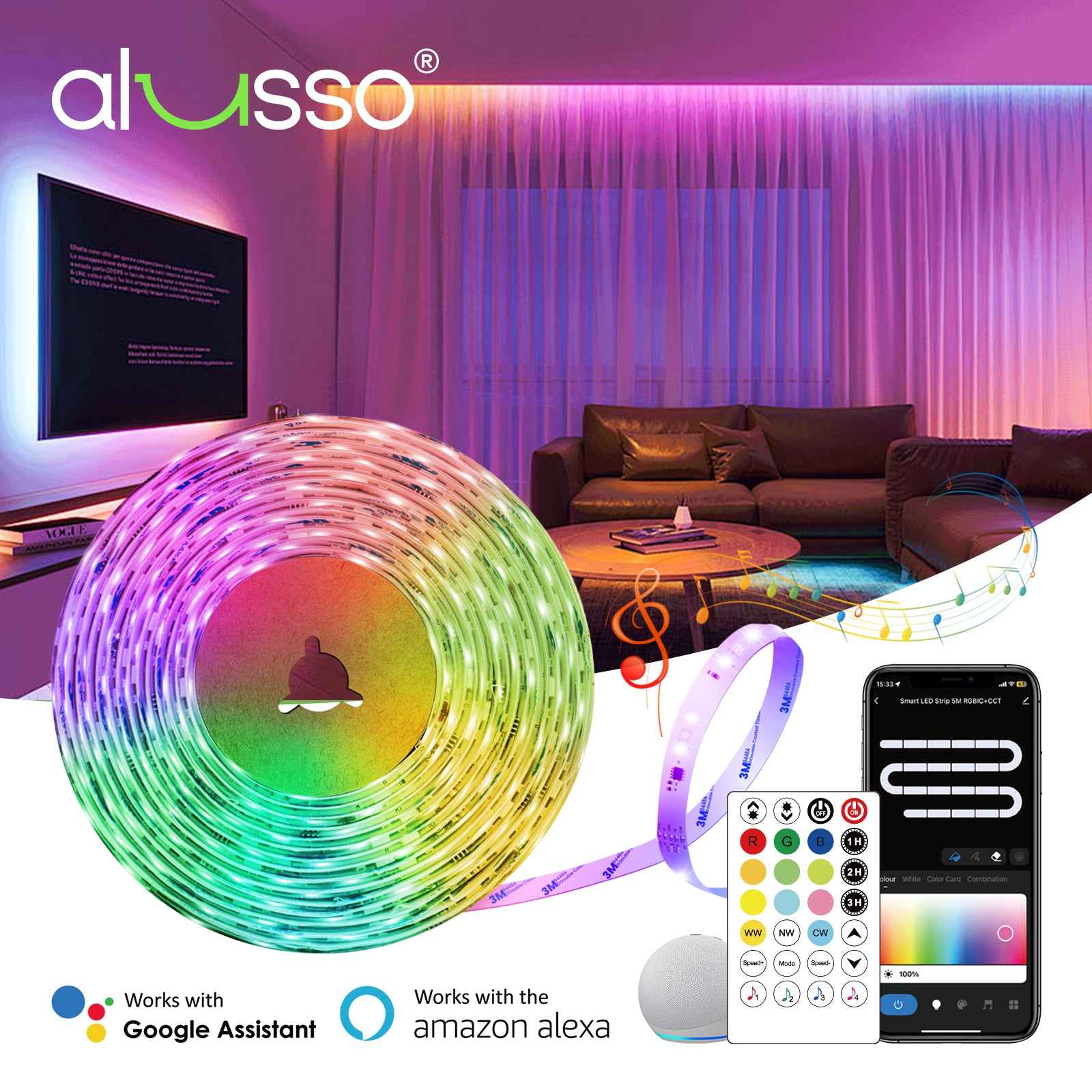 5M Smart LED Strip Light RGBIC+CCT Multicolour Wifi & Bluetooth Control for Alexa - ALUSSO LIGHTING