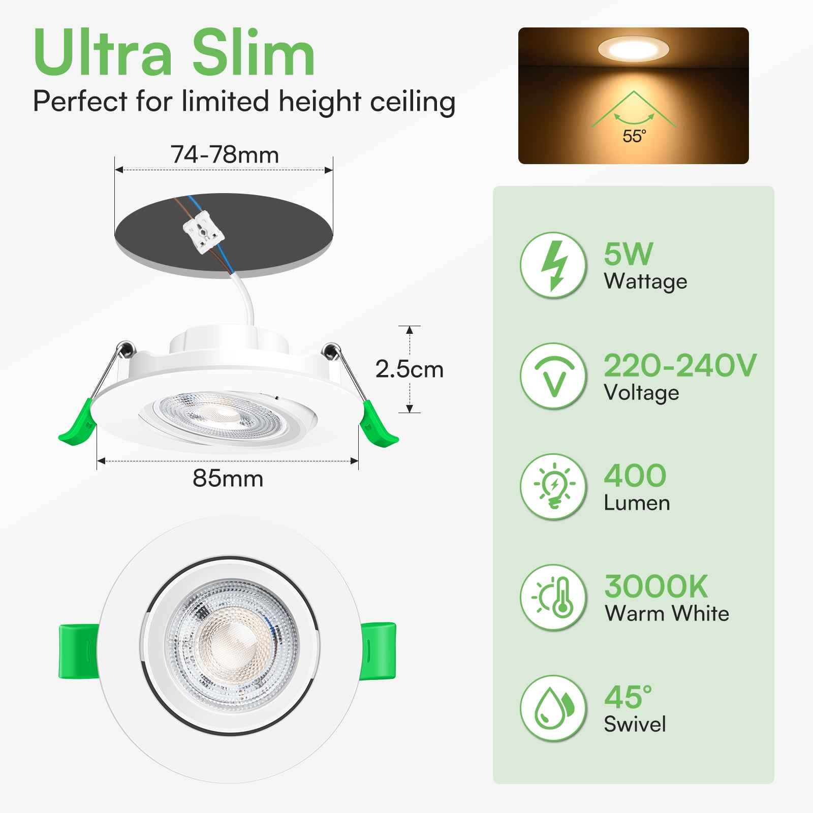 5W White Ultra Slim Recessed LED Flat Panel Ceiling Spot Lights Downlights, 55° Beam Angle, 3000K / 6000K, 6PACK - ALUSSO LIGHTING