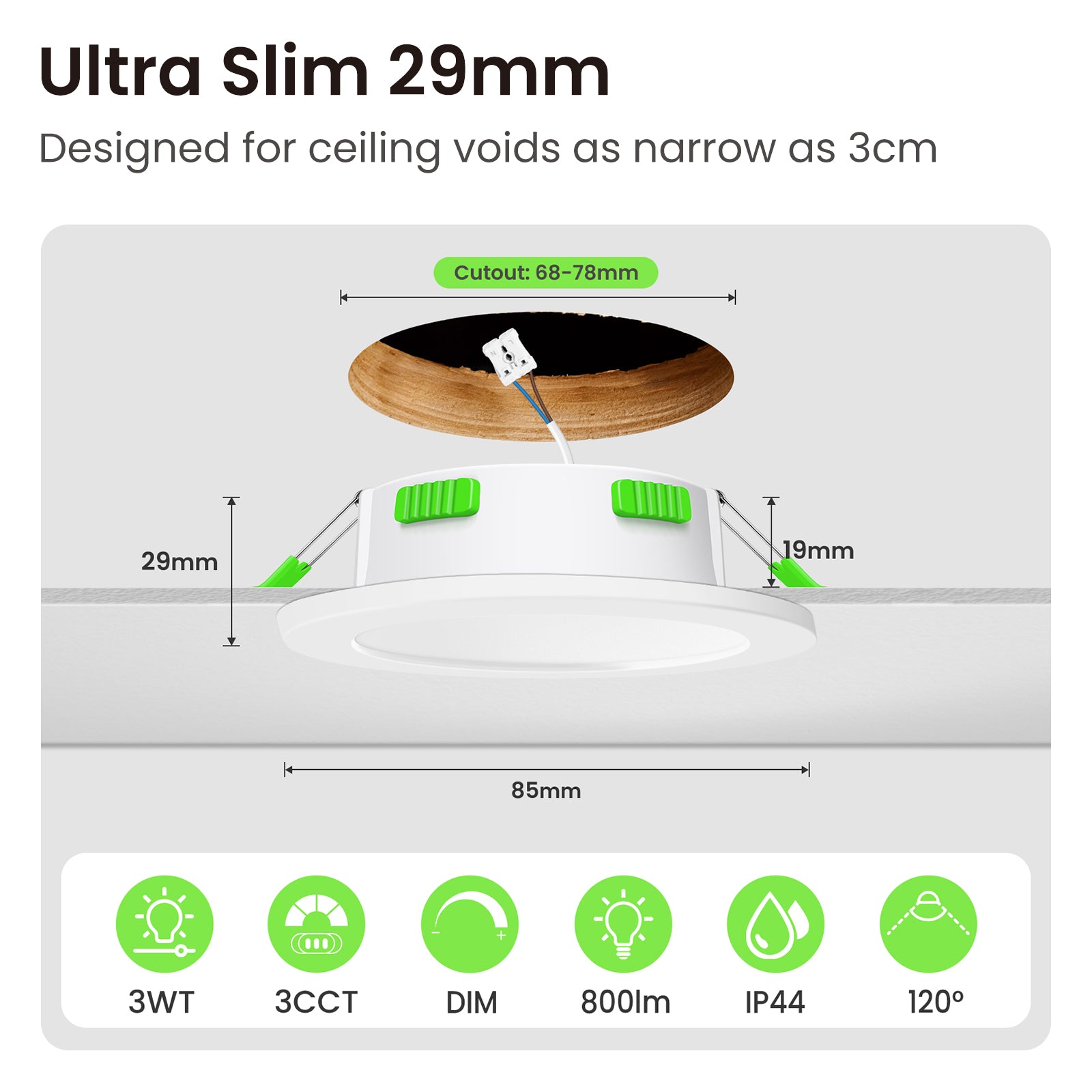 4W/6W/8W Changeable LED Downlight Dimmable Tri-colour IP44 Ultra Slim Recessed Ceiling Lights, 65-80mm Cutout, 10 Pack
